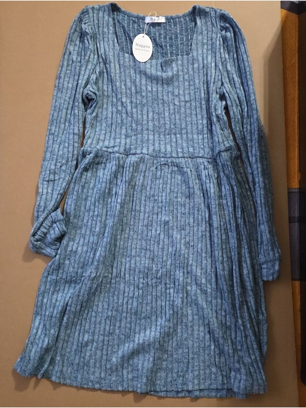 Naggoo Girls' Long-Sleeve Heathered Blue Ribbed Dress